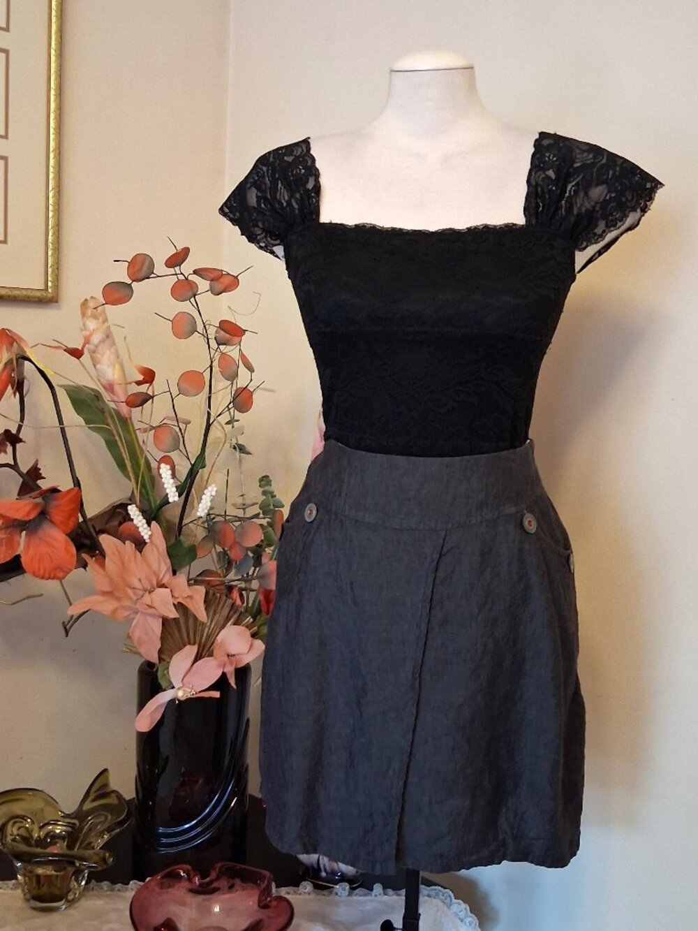 NWOT Aventures des Toiles Gray Mini Summer Skirt High Waist Cotton Skirts 10